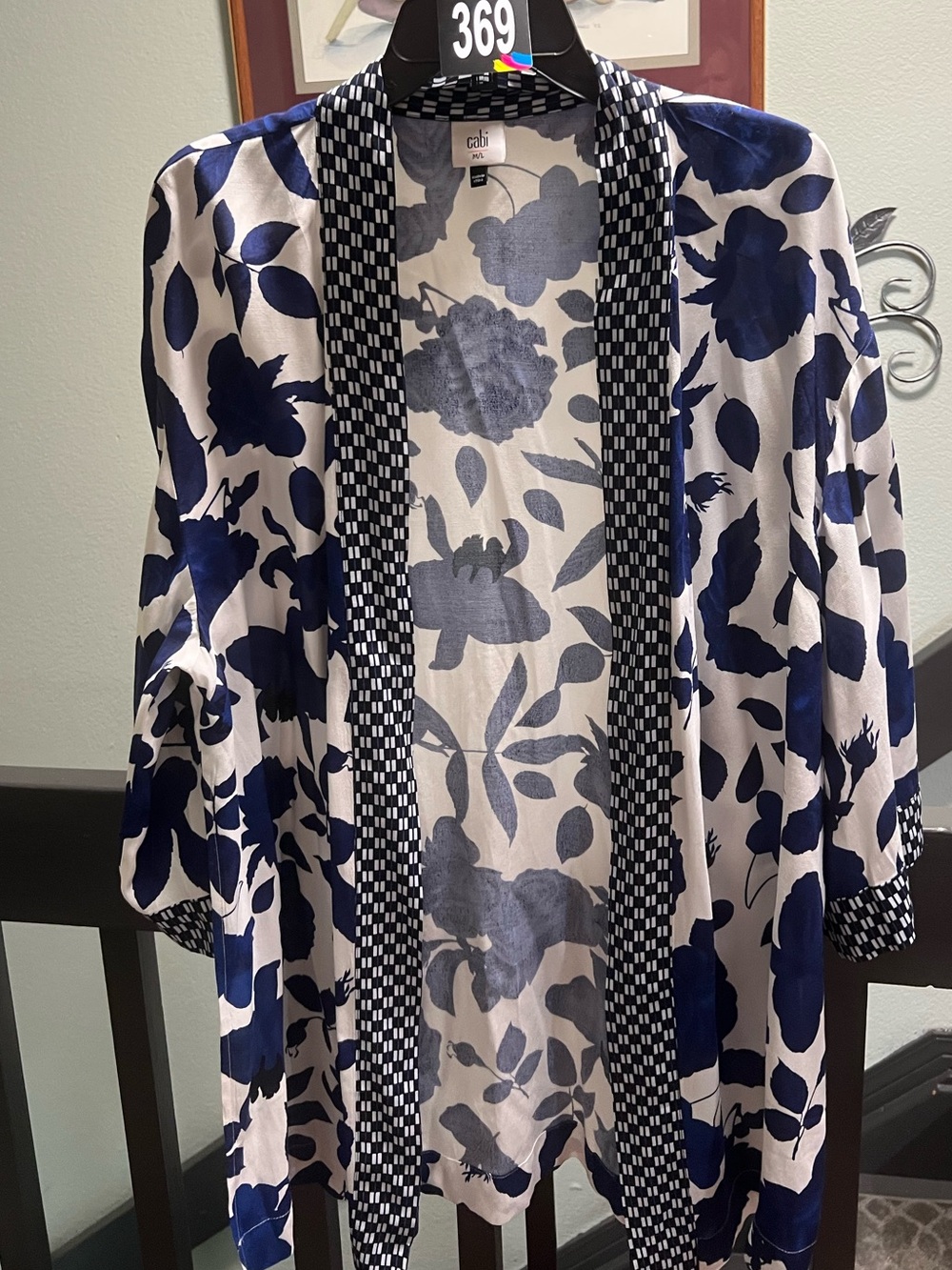 NWOT CAbi Navy and White Floral & Check Open Cardigan #369